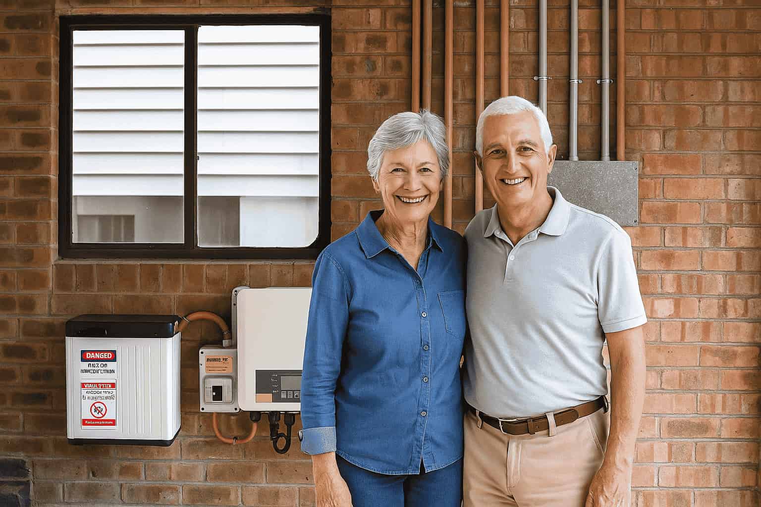 Elderly couple standing beside a home battery setup visual guide on what home batteries actually do in 2025.