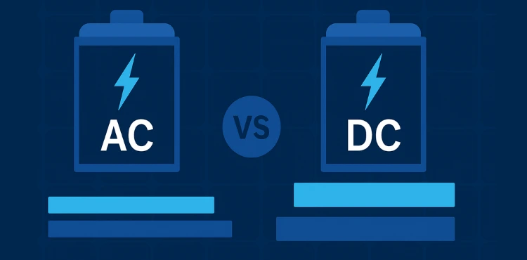 Illustration comparing AC vs DC-coupled solar battery setups for home energy systems