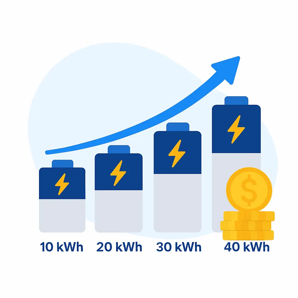 battery rebate guide showing 2025 rebate estimates by battery size from 10kWh to 40kWh