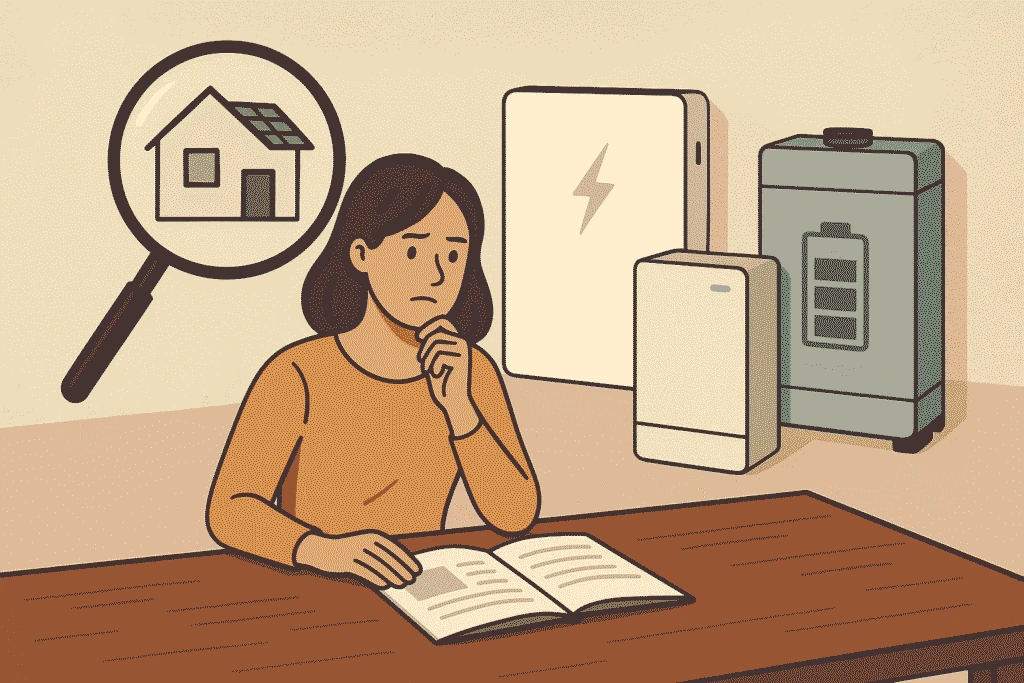 Woman researching the right solar battery for her home, with solar battery units and home energy icons in the background.