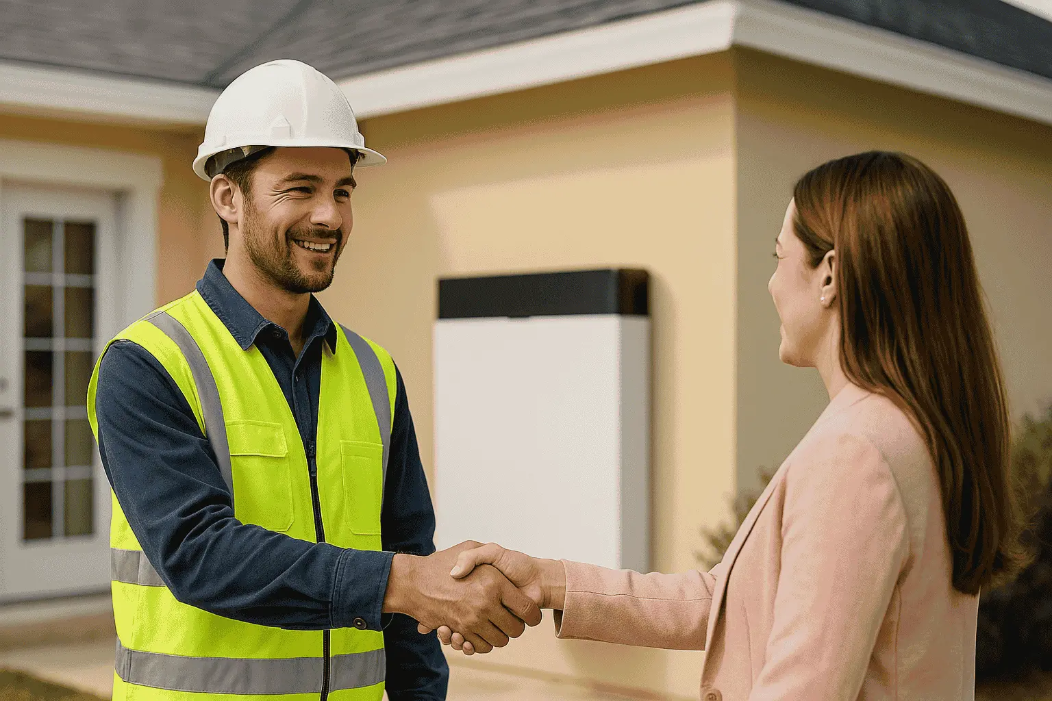 Battery installer shaking hands with homeowner after successful application