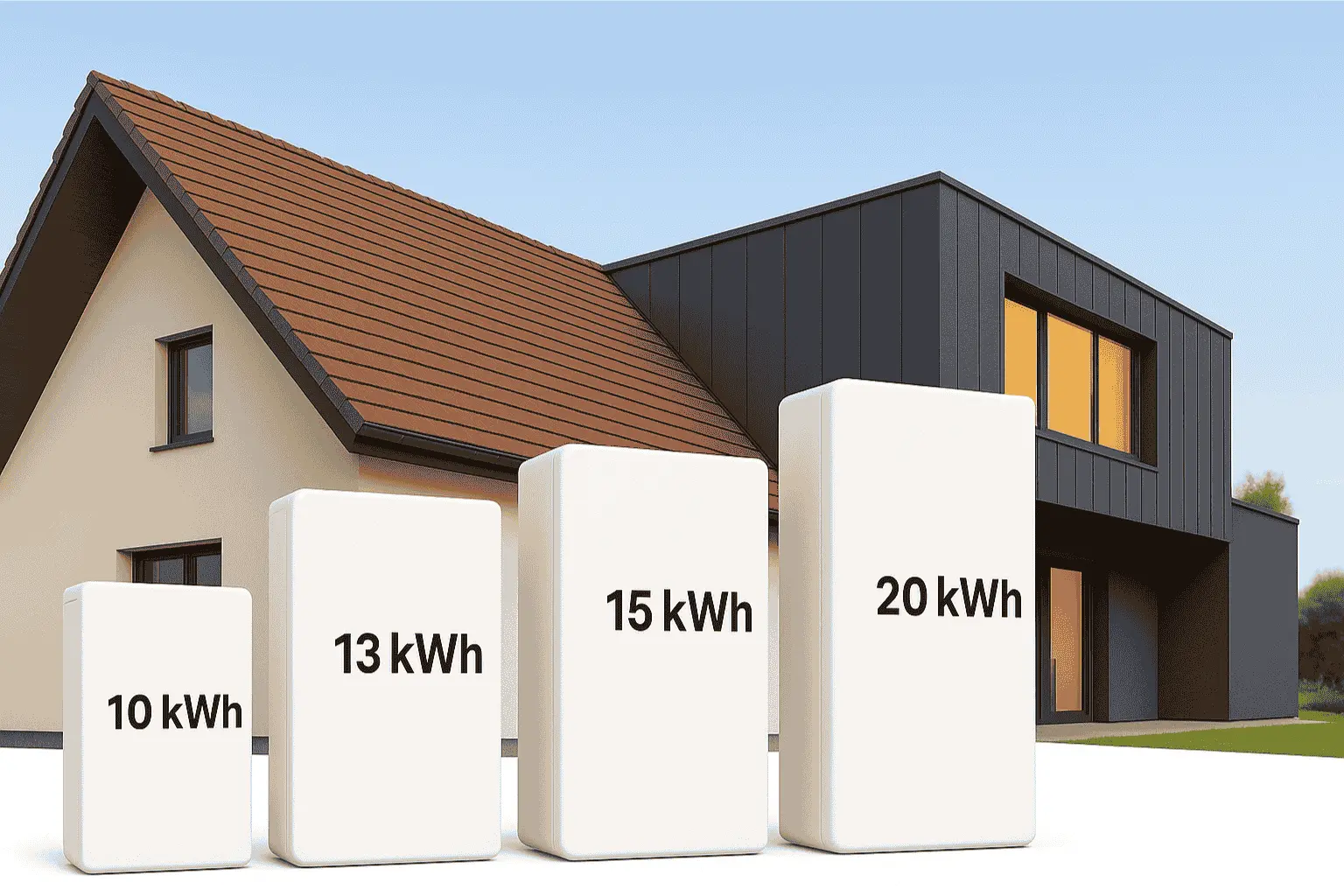 Visual comparison of 10kWh, 13kWh, 15kWh, and 20kWh home battery systems in front of a modern house, illustrating solar battery price differences by size.