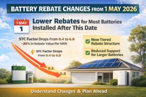 Battery rebate changes Australia May 2026 showing STC drop from 8.4 to 6.8 and new tiered rebate structure