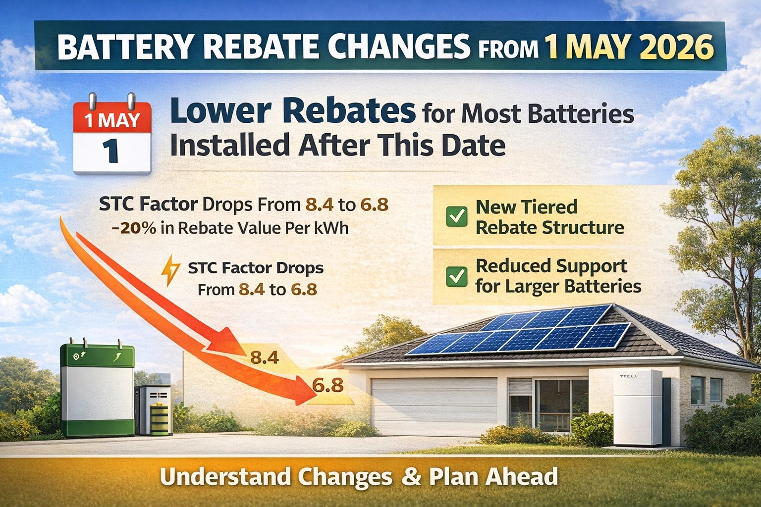 Battery rebate changes Australia May 2026 showing STC drop from 8.4 to 6.8 and new tiered rebate structure