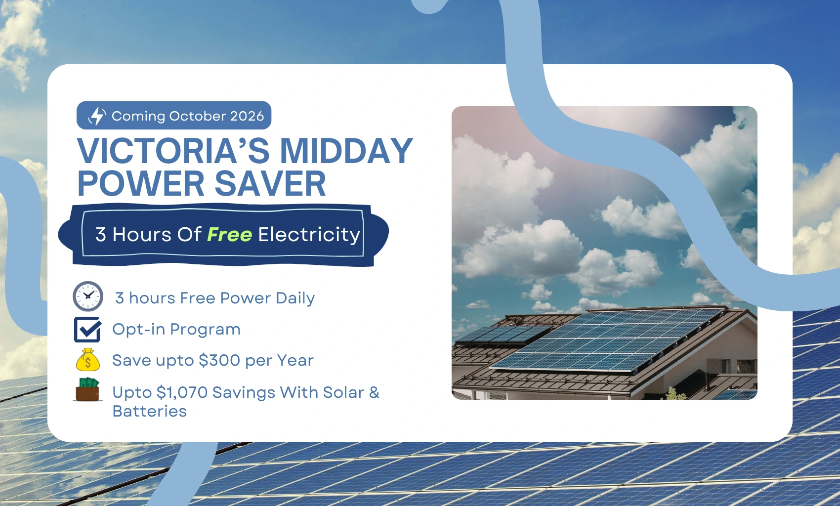 Victoria Midday Power Saver program offering 3 hours of free electricity daily and how homeowners can use solar batteries to maximise savings
