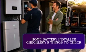 Home battery installer checklist — homeowner reviewing battery monitoring app before installer leaves