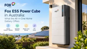 Fox ESS Power Cube all-in-one home battery installed on the outside wall of an Australian home with rooftop solar