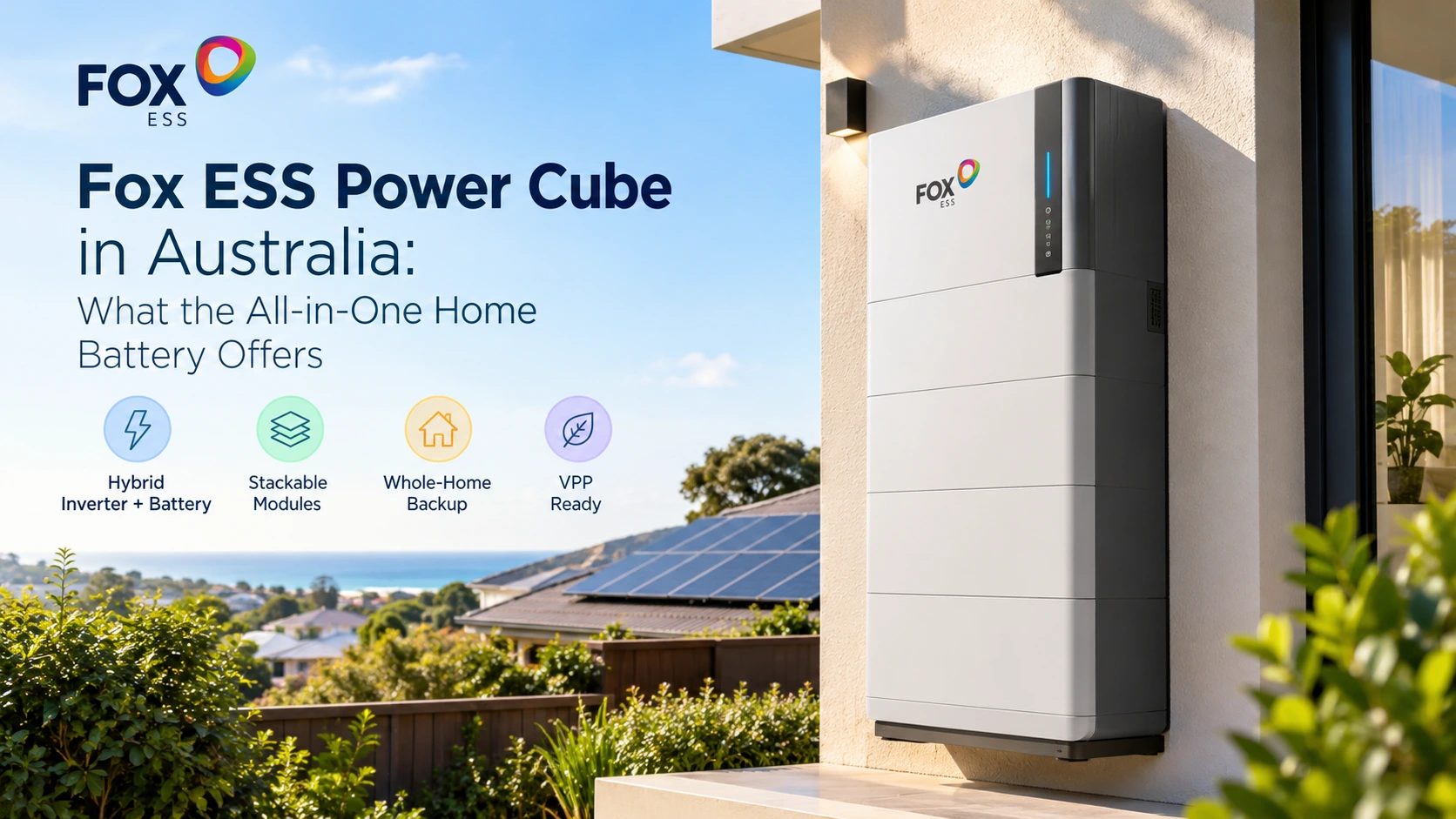 Fox ESS Power Cube all-in-one home battery installed on the outside wall of an Australian home with rooftop solar